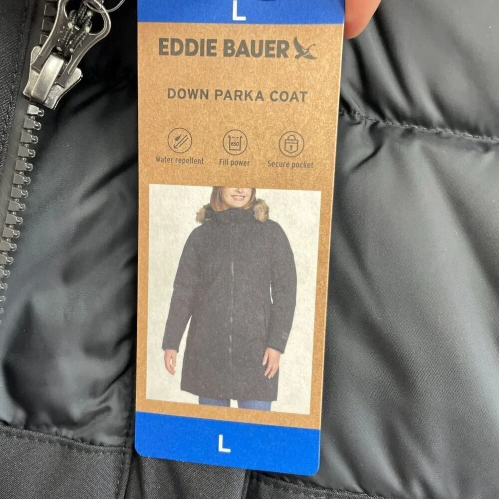 Eddie Bauer Women's L Down 650 Fill Long Parka Coat  Faux Fur Hood Black JCK195